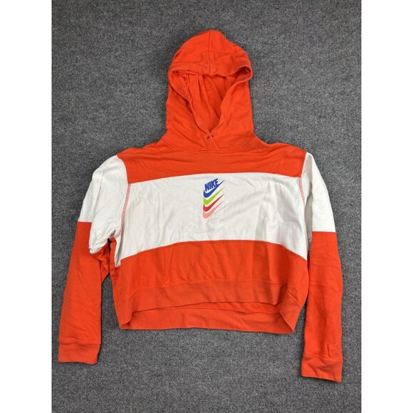 Nike Hoodie Womens XL Orange White Colorblock Cropped Stacked Swoosh Pullover - Picture 1 of 7